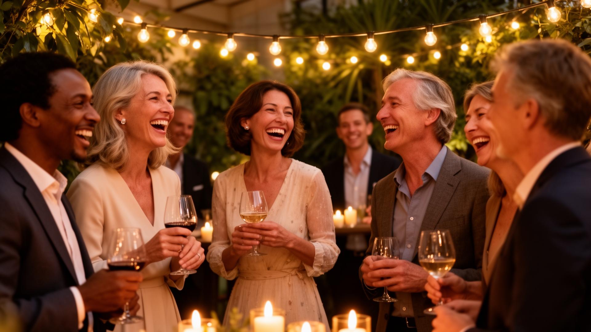A warm gathering of friends laughing together under string lights